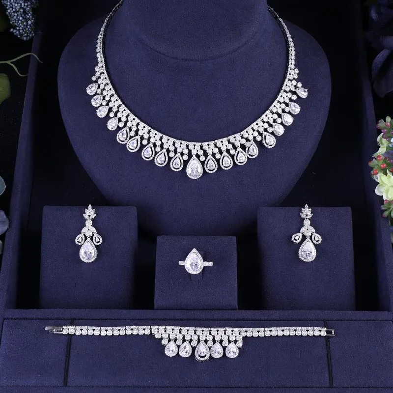 

Luxury Women Jewels Elegant Shape Bridal CZ necklace earrings bracelet ring 4pcs Big full Wedding Jewelry Sets For Bride