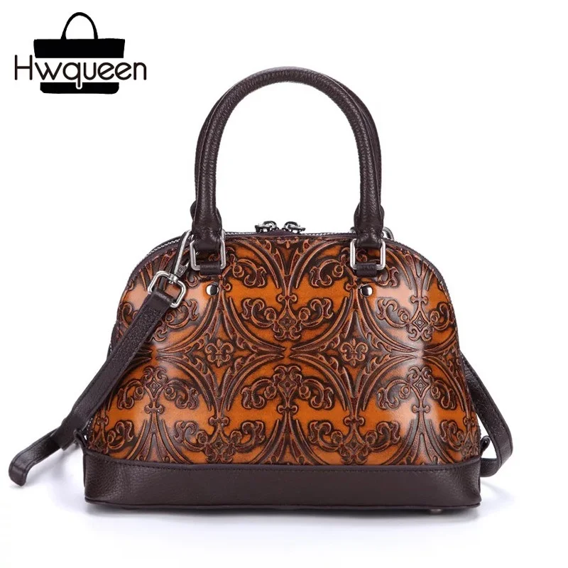 

Vintage Embossed Designer Genuine Leather Women Shell Purse Handbag Zipper Closure Female Small Crossbody Bag Lady Shoulder Bag