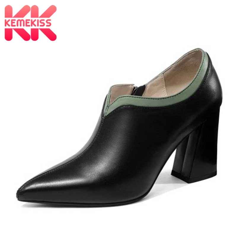 

KemeKiss Women High Heel Shoes Real Genuine Leather Sexy Shoes Women Thick Heels Zipper Mixed Color Fashion Shoes Size 33-39