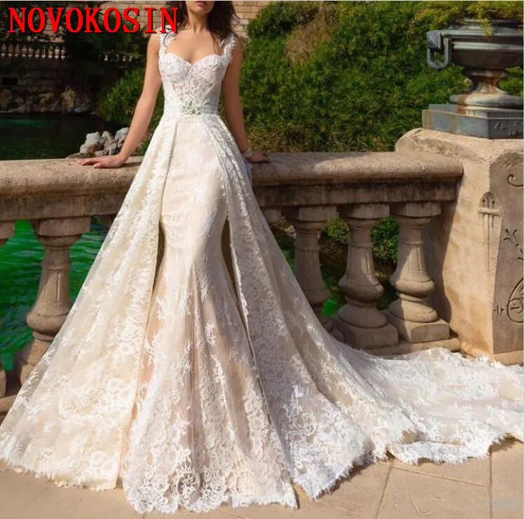 

2019 Mermaid Wedding Dresses With Detachable Jacket Train Lace Sweetheart Applique Garden Wedding Bridal Gowns vestido de novia