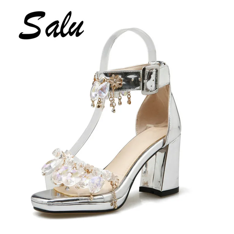 

Salu 2019 Shipping White Summer Genuine leather Sandal Shoes for Women New Arrival Heels Sandals Platform Casual Russian Shoes