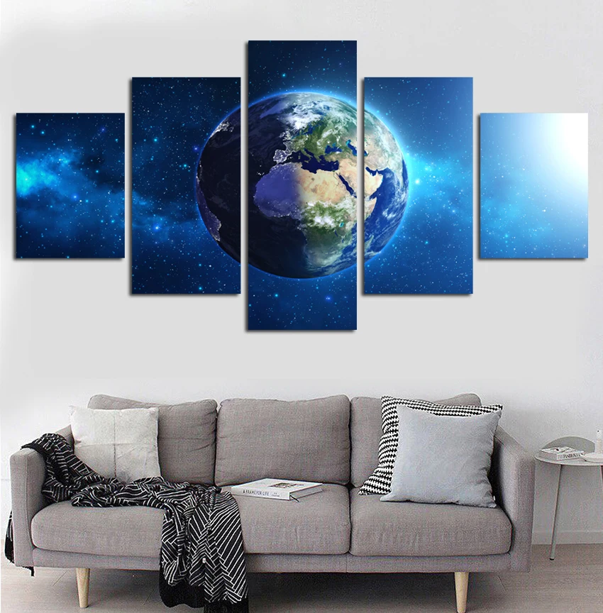 5 Panel Space Canvas Art Sunrise Painting Of Earth Universe Picture