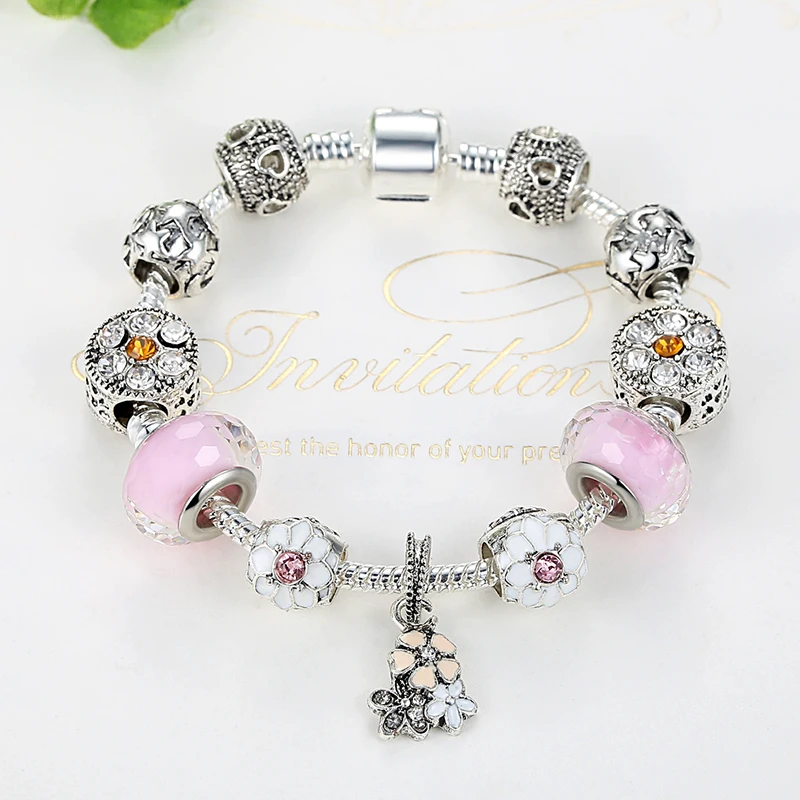 ELESHE Original 925 Enamel Silver Daisy Flower Crystal Charms Bracelet Bangle With Murano Glass Bead for Women Wedding Jewelry