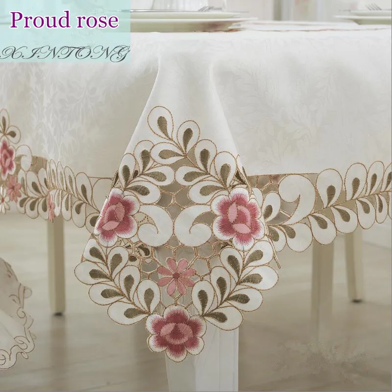 

Proud Rose White Embroidered Table cloth Pink Flower Round Tablecloth Fashion Home Decoration Table Cover Table Runner Wedding