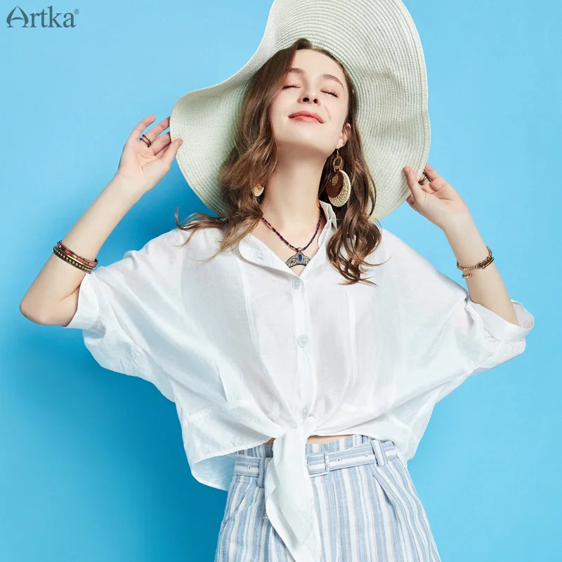 ARTKA 2019 Летняя женская белая рубашка модная повседневная свободная короткая с