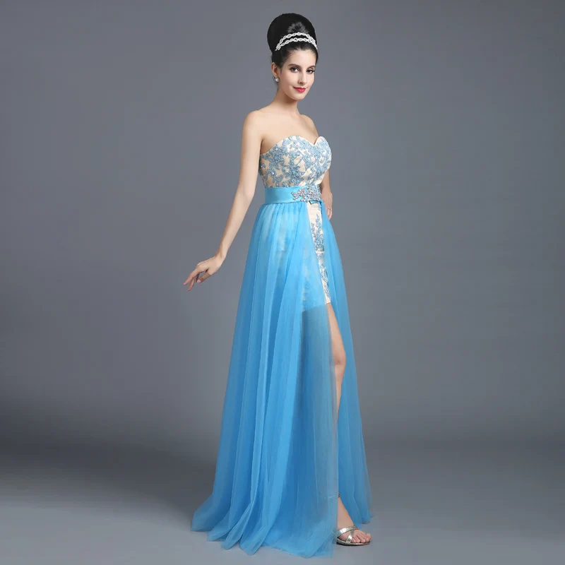 2020 New Arrive Abendkleider High Low Prom Dresses Aqua Sweetheart Backless Beading Long Lace Party Gown Rode De Soiree SLD258
