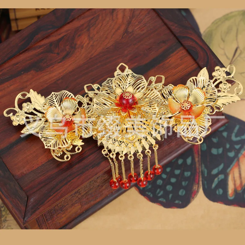 Chinese bride headdress flower fringed gold leaf hair accessories wedding cheongsam dress frontlet costume jewelry with comb | Украшения и