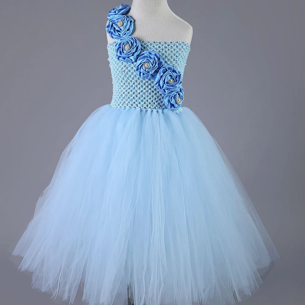 Милые синие платья с цветочным узором для девочек на свадьбу; Детские платья-пачки с розовыми розами для девочек; нарядные вечерние платья; детская одежда - Цвет: Небесно-голубой