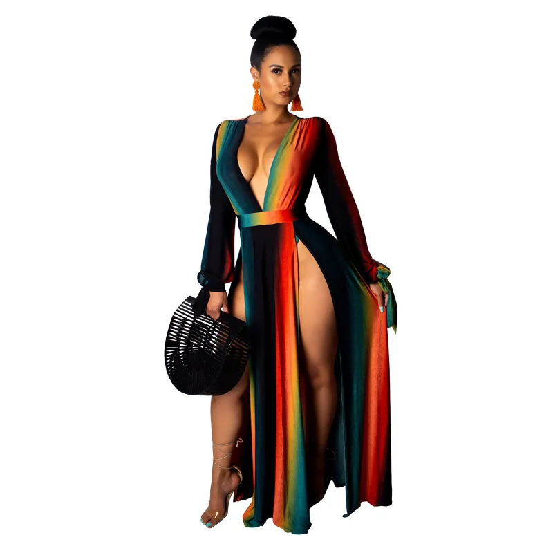 

2019 new women long-sleeved rainbow stripes v-neck deep high side split maxi dress club party sexy night long dresses SMR9235