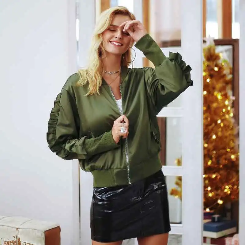 Simplee Basic army green bomber jacket coat women Satin lace up pocket biker jacket outerwear Autumn winter casual streetwear