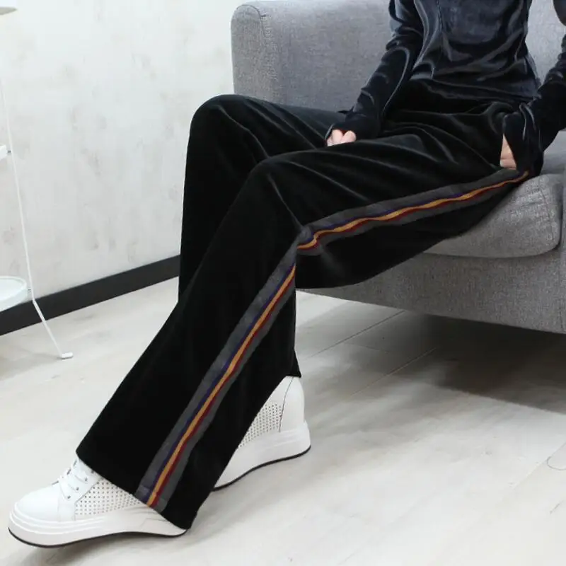 Корейские полосатые бархатные женские брюки для бега S-4XL размера плюс широкие брюки с высокой талией E0506