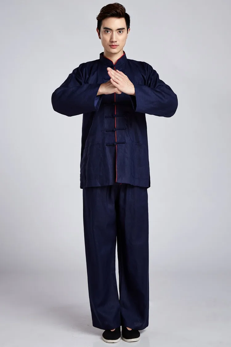 Винтажный коричневый китайский мужской костюм кунг-фу льняной костюм с длинными рукавами Размер M до XXXL 2516