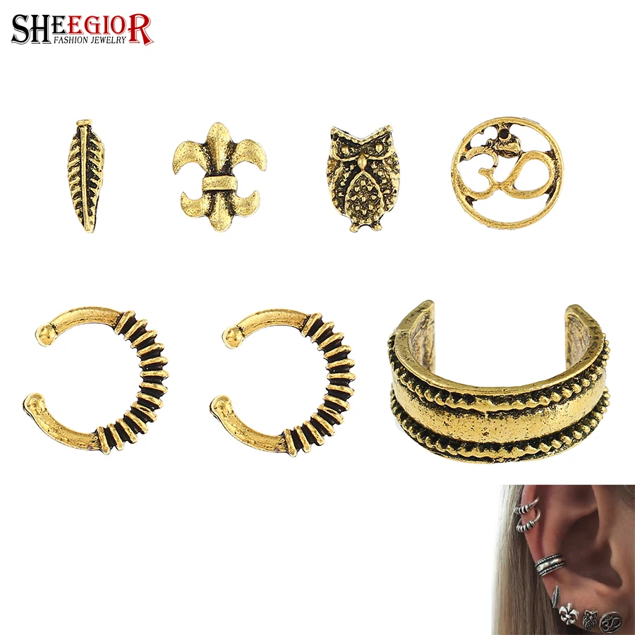 

SHEEGIOR Vintage Ethnic Ear Cuff Earrings for Women Gold Silver Lovely Mini Owl Leaf Geometry Stud Earrings Fashion Jewelry Sets