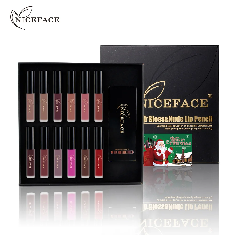 

1 Box NICEFACE 12pcs Charming Lip Gloss Matte Liquid Lipstick + 12pcs Nude Lip Liner Pencil Set, Fashion Christmas Gift M04
