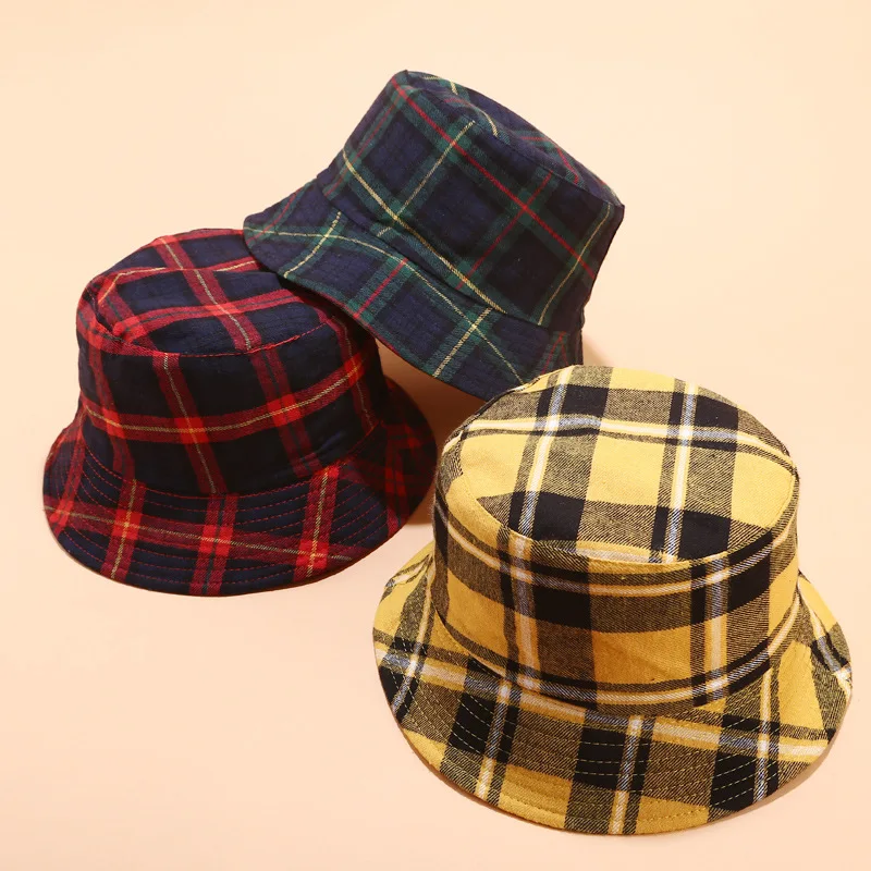 2019 Cotton Double sided Plaid Bucket Hat Fisherman Hat outdoor travel ...