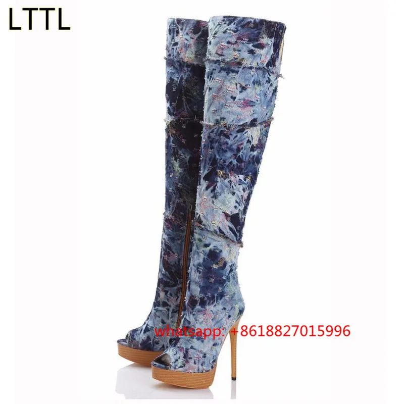 2017 Nueva Punta Abierta Bota de Caña Alta Moda Azul de Mezclilla Delgada Alta  tacones Bota Larga Mujer Sobre Las Botas de Rodilla Peep Toe Sandalias de  Las Señoras|sandal shoes for women|boots