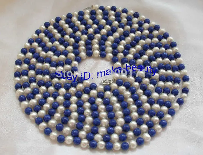 

Free Shipping>>>stunning 100" 7mm round white freshwater pearls blue lapis lazuli necklace