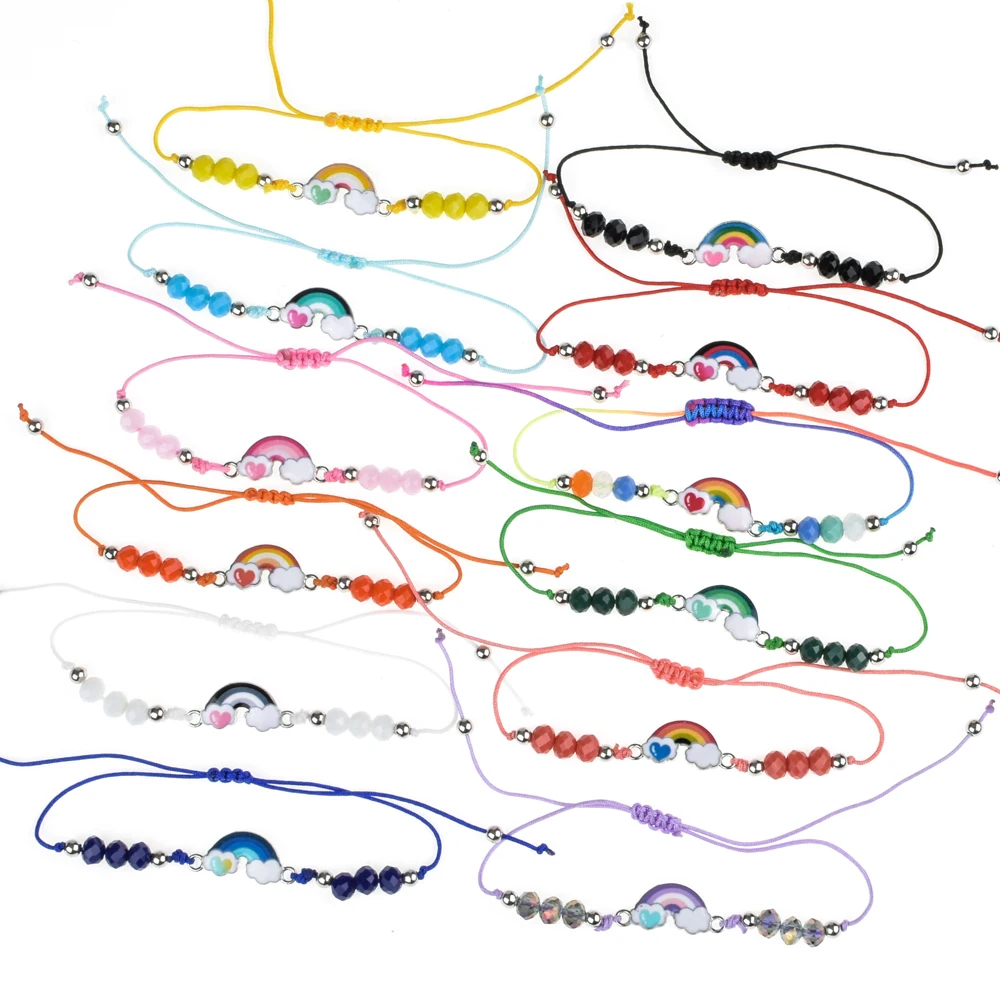 Bohemian 12pcs/lot Multi Rainbow Charms Braided Bracelet for Women Child Crystal Bead Adjustable Rope Chain Yoga Anklet Jewelry