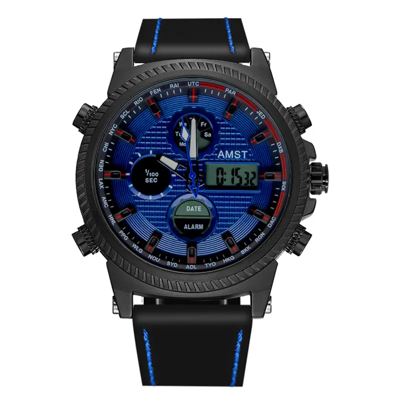 AMST, военные часы, 50 м, водонепроницаемые, кожаный ремешок, светодиодный, мужские часы, лучший бренд, Роскошные Кварцевые часы, reloj hombre, Relogio Masculino - Цвет: black blue face