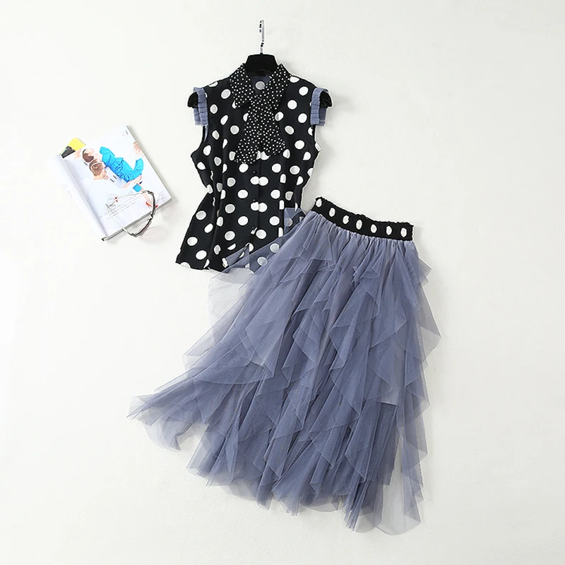 

HIGH-QUALITY New Fashion Runway 2019 Summer Suit Set Women's Dot Print Tank Top Ruffle Gauze Skirt Set