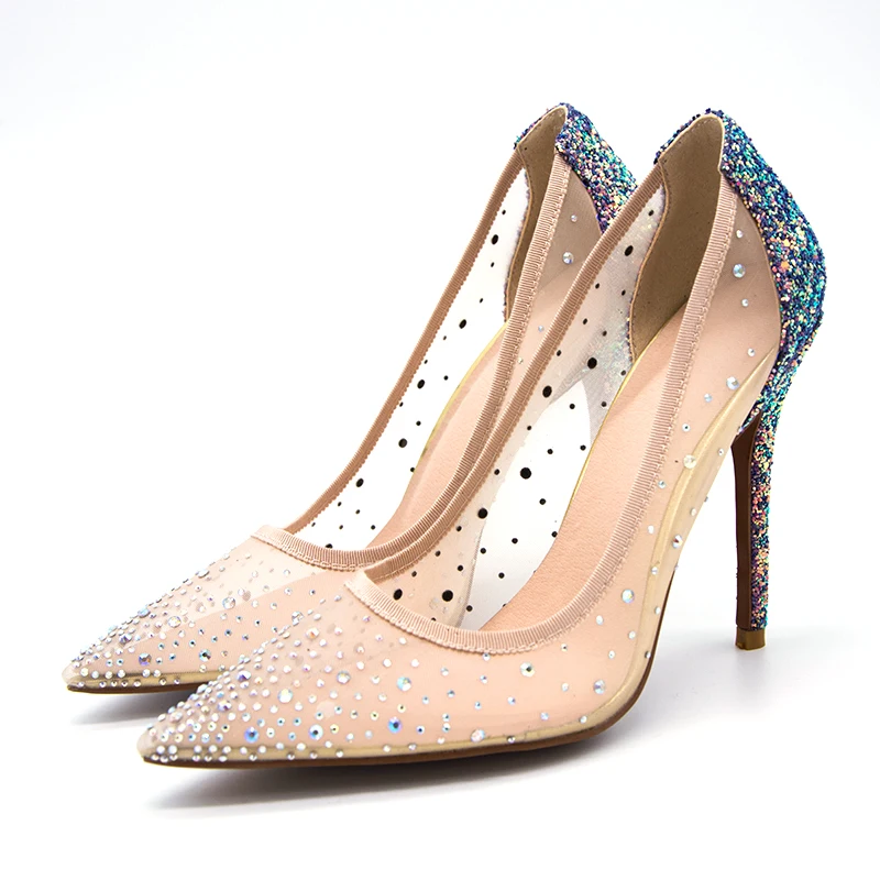 Летние шикарные женские туфли-лодочки из сетчатого материала высокого качества, украшенные стразами, размера плюс 34-43 женские туфли для вечеринок на высоком каблуке с серебристыми блестками