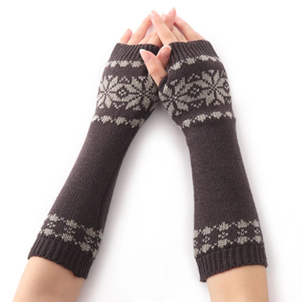 Зимние перчатки с орнаментом для девочек, вязаные Длинные теплые вязаные перчатки без пальцев для женщин, подарок - Цвет: Dark Gray