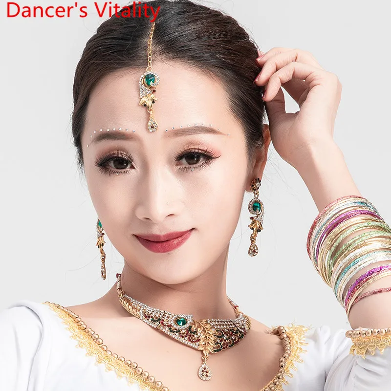 

Women Lady Indian Dance Accessories Headdress Earrings Necklace 3pcs Set Belly Oriental Dance Competition Performance Decoration