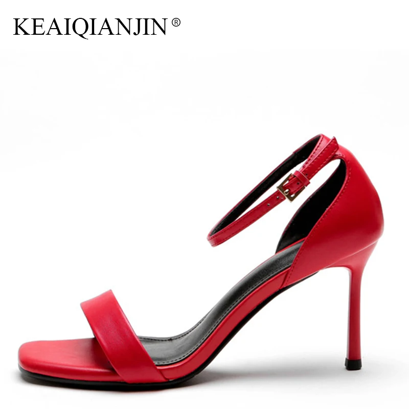

KEAIQIANJIN Woman Summer High Heeled Sandals Fashion Black Genuine Leather Shoes White Plus Size 33 Open Toe Gladiator Sandal