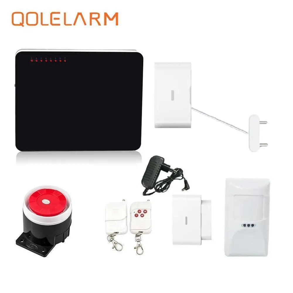 

433 mhz quad band sms gsm alarm system smart home security anti-burglar alarm with water leakage sensor vibration pir alarm