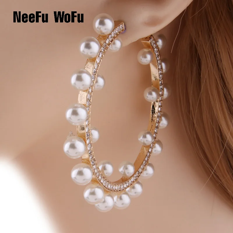 

NeeFu WoFu Pearl Drop Earrings Big Earring Zine Alloy Brand Rhinestone pearl Large Brinco Ear Christmas Accessories Oorbellen