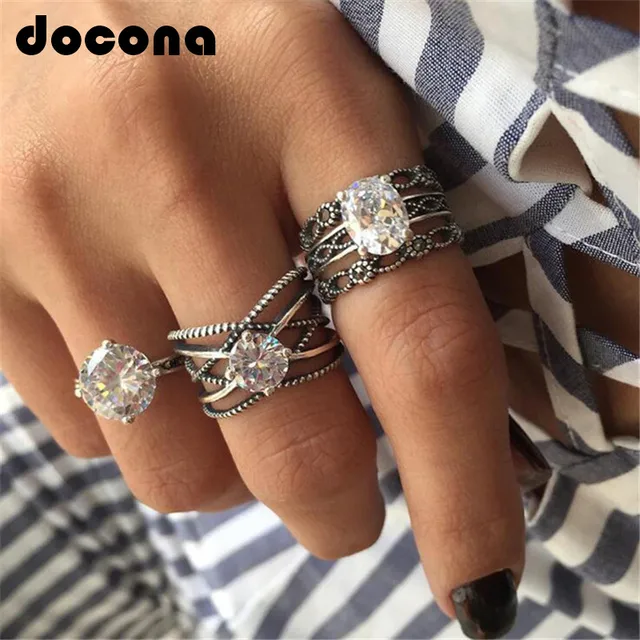 docona Silver Crystal Carving Rings set for Women Hollow Opal Knukle Midi Rings docona Silver Crystal Carving Rings set for Women Hollow Opal Knukle Midi Rings