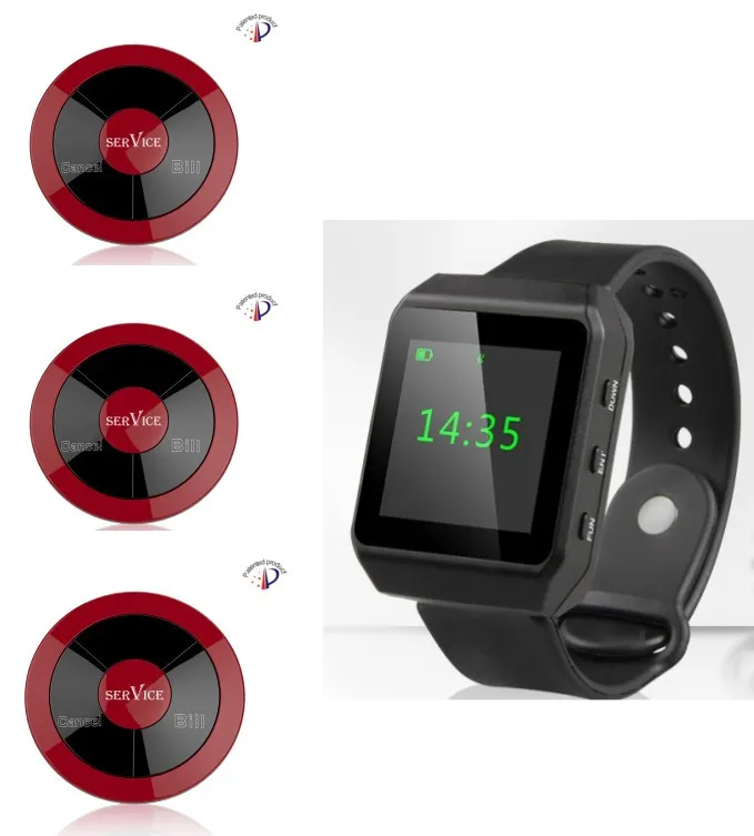 

Free shipping! Caller system, waiter call bell system, 3 keys pager restaurant wireless bell, 1 fashion watch pager,call buzzer