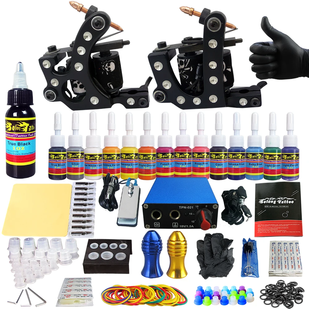 

Solong Tattoo Complete Tattoo Kits 2 Machine Gun Beginner Tattoo Set 14 Inks Needle Grips Foot Fetal Power Supply TK203-20