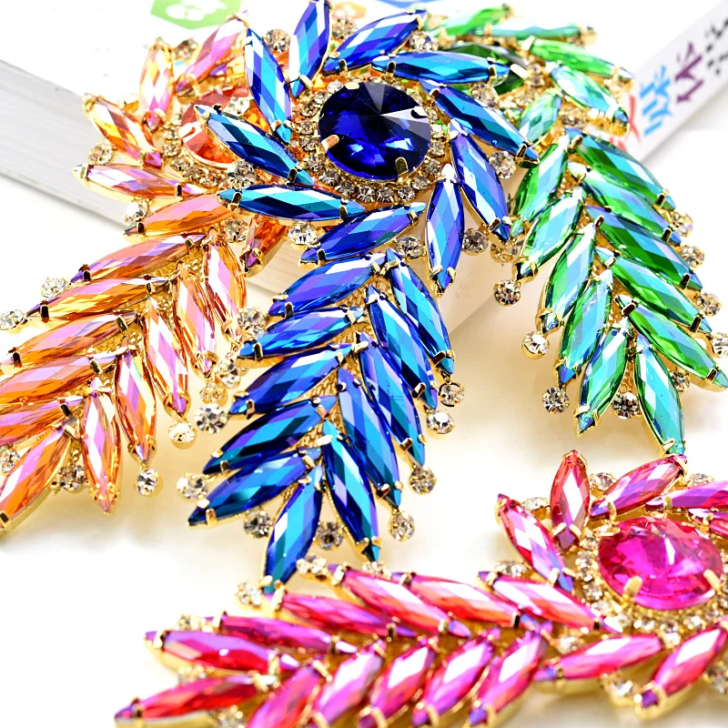 

1pcs Many Colors Crystal AB Glass Rhinestone Applique With Gold Base Leaf Applique Sew On Rhinestone For Wedding Dress B3769