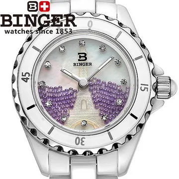 Japan Quartz Binger Ceramics Watches Woman Elegant Purple Bead Shell Porcelain wristwatches Carving Eiffel Tower watch