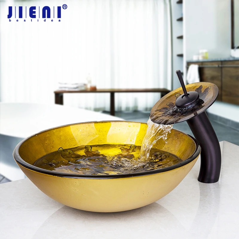 

JIENI NEW Art Design Yellow Algas Vessel Vanity Hand Painting Glass Basin Sink Countertop Bowl Vessel Mixer Tap Faucet Set