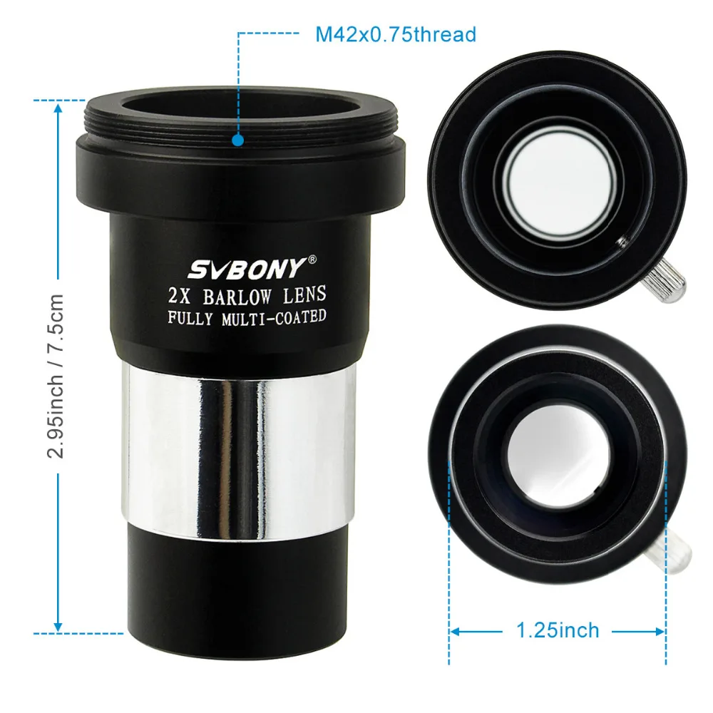 SVBONY 1.25'' 2X Barlow Lens Telescope M42X0.75