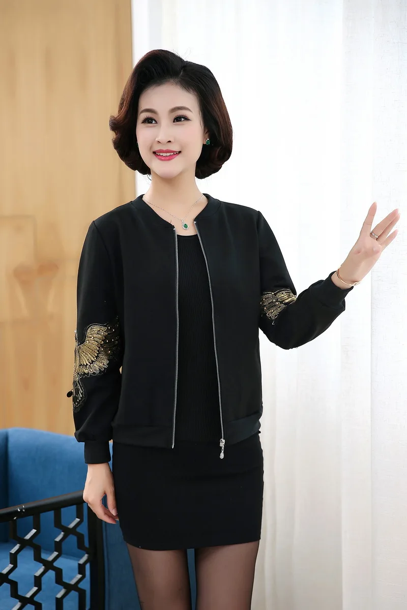 WAEOLSA Womens Casual Bomber Jacket Middle Aged Woman Black Short Coat Embroidery Outerwear Autumn Mother Jacket Zipper Front (3)