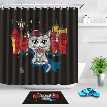 

LB Funny Mr. Cat Castle Waterproof Black Bath Mat And Shower Curtain Set Polyester Bathroom Custom Fabric For kid Bathtub Decor
