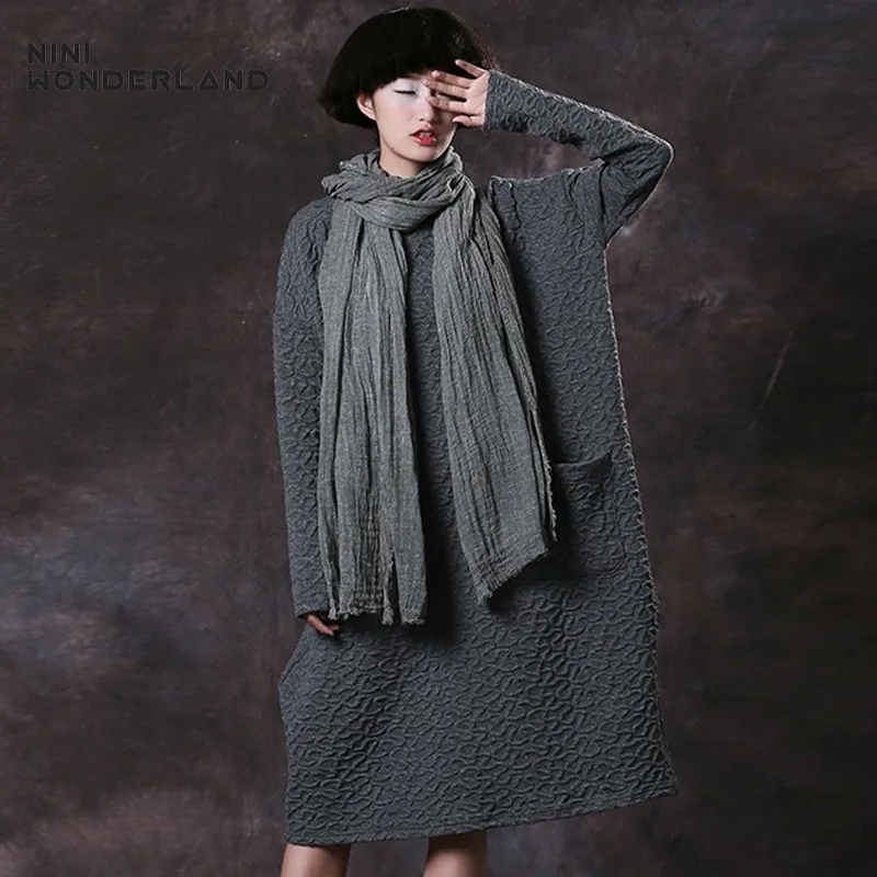 

NINI WONDERLAND 2019 Autumn Winter Dress Women Loose Jacquard Cotton Dress Large Size Mori Girl Style Casual Dresses Plus Size