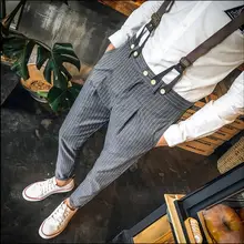Летние модные мужские повседневные легкий уход С НАБОРНЫМИ БРЕТЕЛЬКАМИ в западном стиле брюки комбинезоны Тонкий Тощий комбинезон Мода Тонкий полосой
