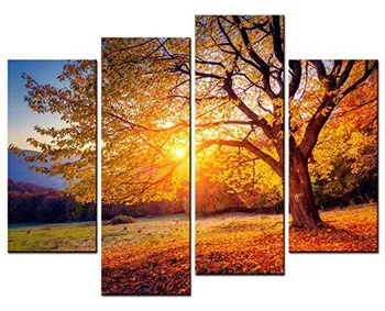 

4 panel canvas painting HD Print Sunset tree picture decoracion wall pictures for living room oil paintings