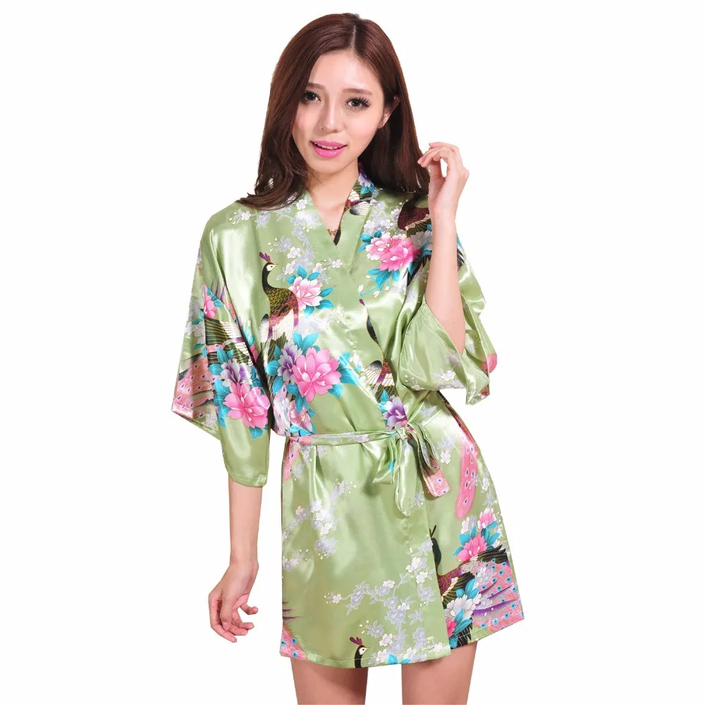 Summer Green Woman Silk Kimono Yukata Gown Sexy Printed Bridesmaids