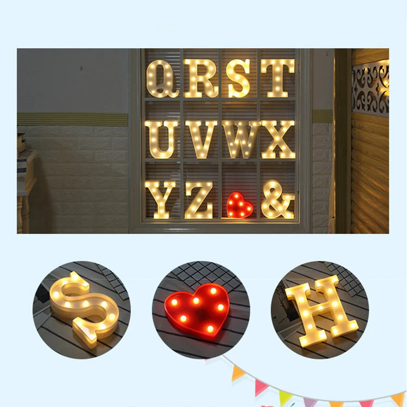 

Heart Letter Design LED Glowing Party Supplies Night Light Marquee Sign Alphabet Lights Lamp Home Culb Outdoor Wall Decor