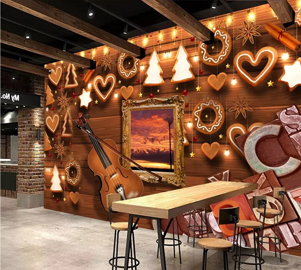 

Free Shipping Custom Wallpaper Mural 3D Violin Letter Christmas Woodcarving 3D Industrial Entertainment Restaurant Wall Painting