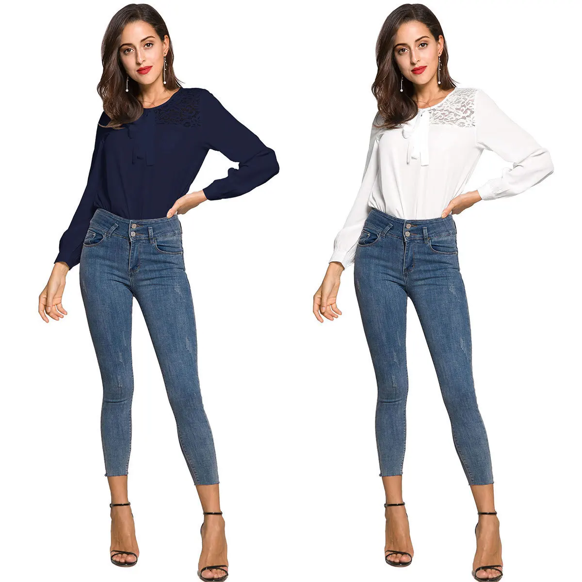 VITIANA Women OL Office Casual Chiffon Blouse Shirt Female 2018 Summer White Long Sleeve Lace Patchwork Elegant Streetwear Tops Blouses