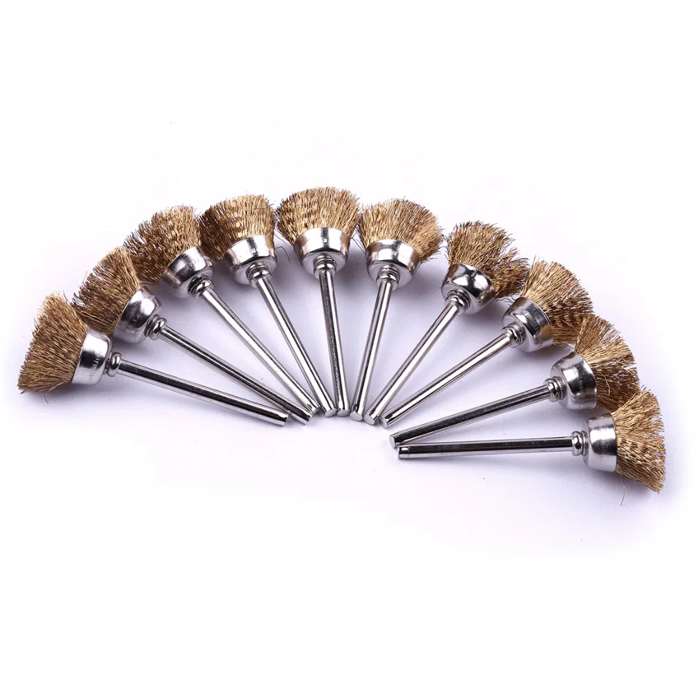 10pcs/set Cup Shape Brass Wire Brush Kit 1/8'' Shank 2'' Length Brushes