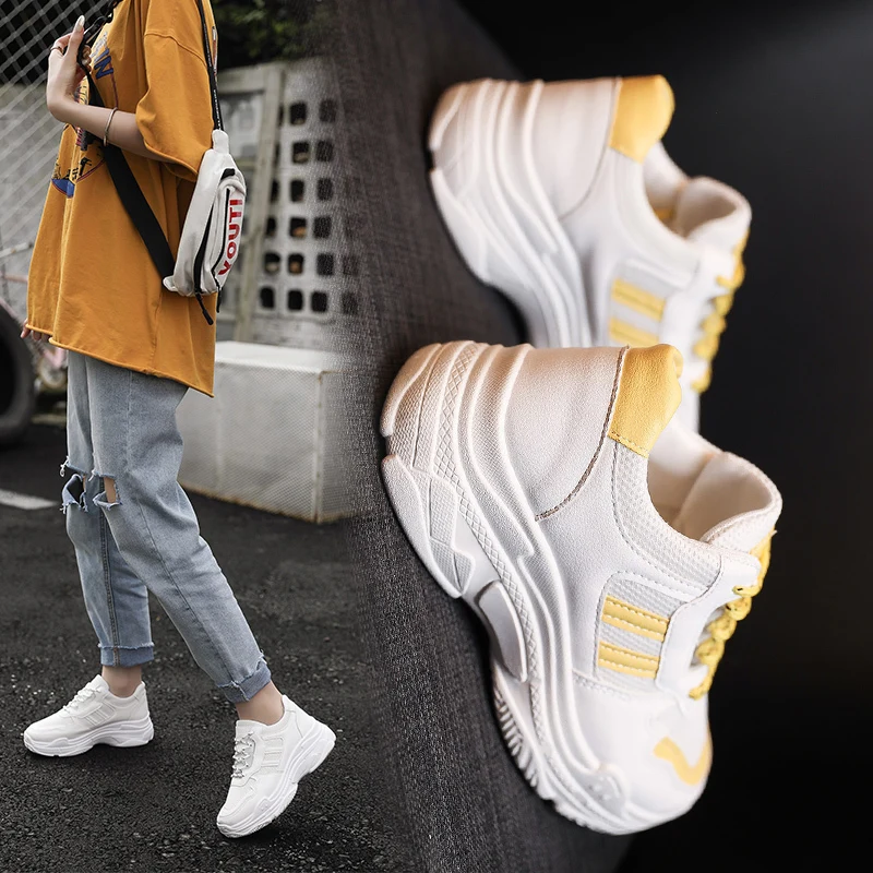 

womens high platform hidden heels wedge sneakers lace up height increasing casual shoes woman solid Vulcanize Shoes 2019 casual