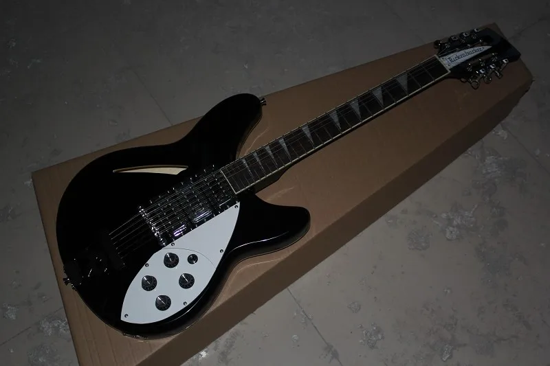 

free shipping Wholesale High Quality Semi-hollow 12 Strings 3 Pickups Rick black electric guitar with R Tremolo 14-11-11