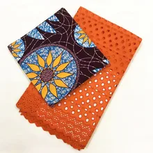 Хлопок воск печати ткань с сухие кружева набор оранжевый швейцарский кружева с Анкара Африканский воск печати для женщин платье 3+ 2,5 ярдов